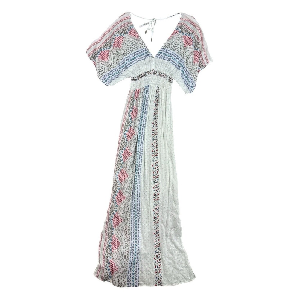 Lovestitch Boho Maxi Dress S/M White Floral Swiss Dot Flutter Sleeve Cover Up - Picture 6 of 9